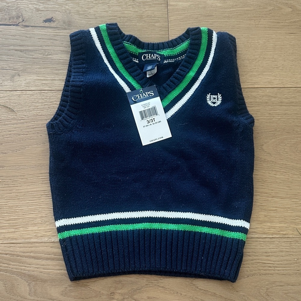 Chaps Dark Blue Vest with Green and White Accents 3T nwt boys